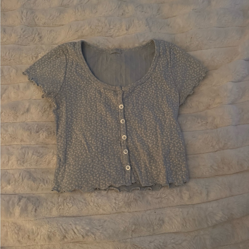 Blue button up with white flowers